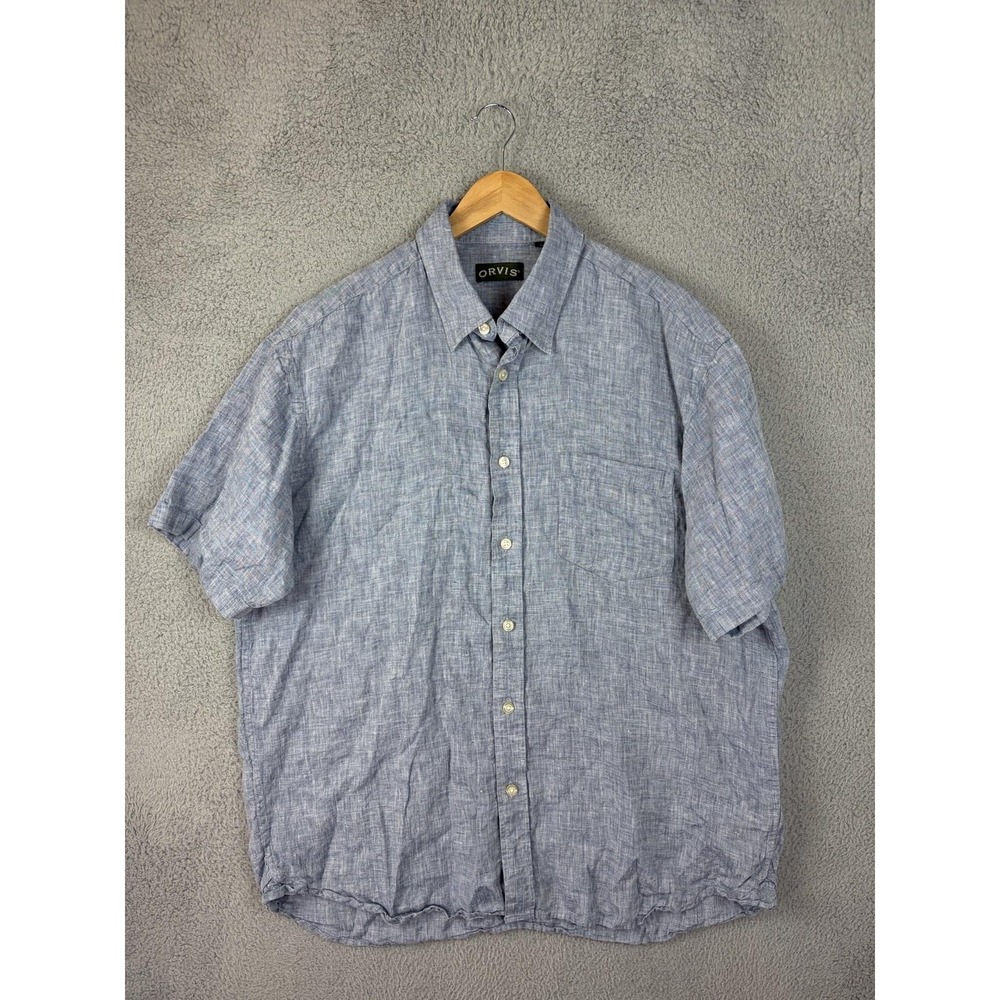 Orvis Shirt Mens XL Blue Solid 100% Linen Short Sleeve Button Front Casual Mens